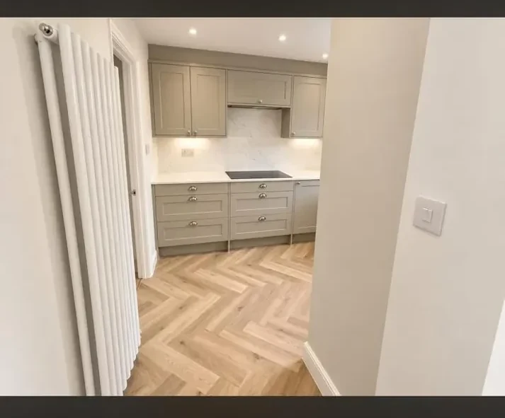 Light herringbone floor laid through modern hallway and kitchen