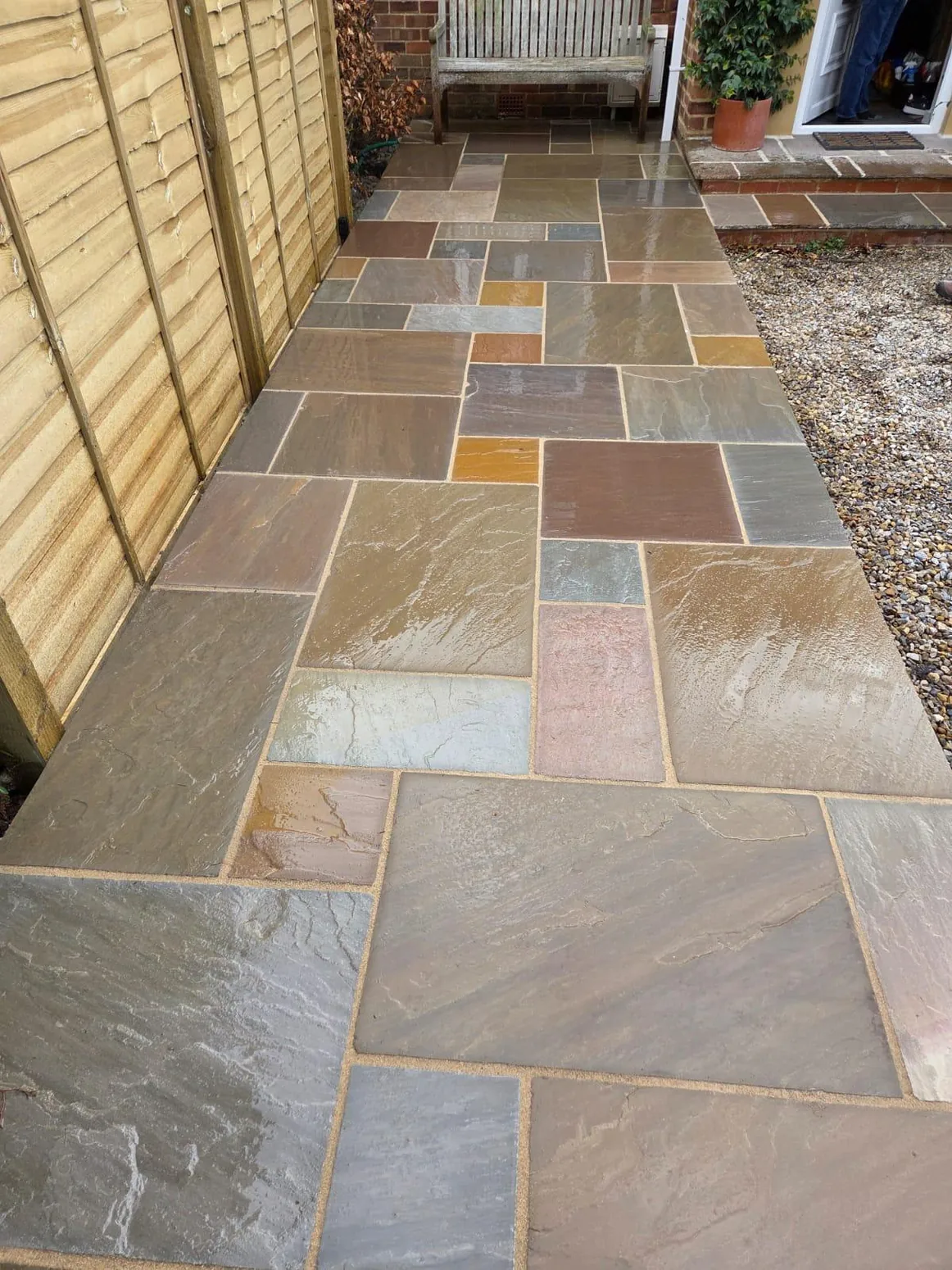 Multi-tonal stone patio with neat paving joints